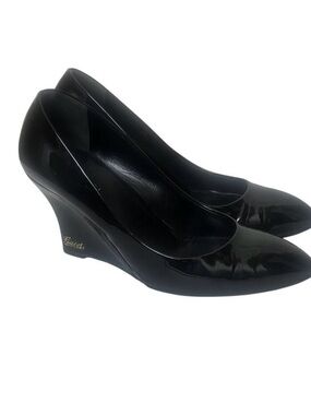 GUCCI Wedge Heel Pump Logo Shoes Black Patent Size 38.5 - 8.5